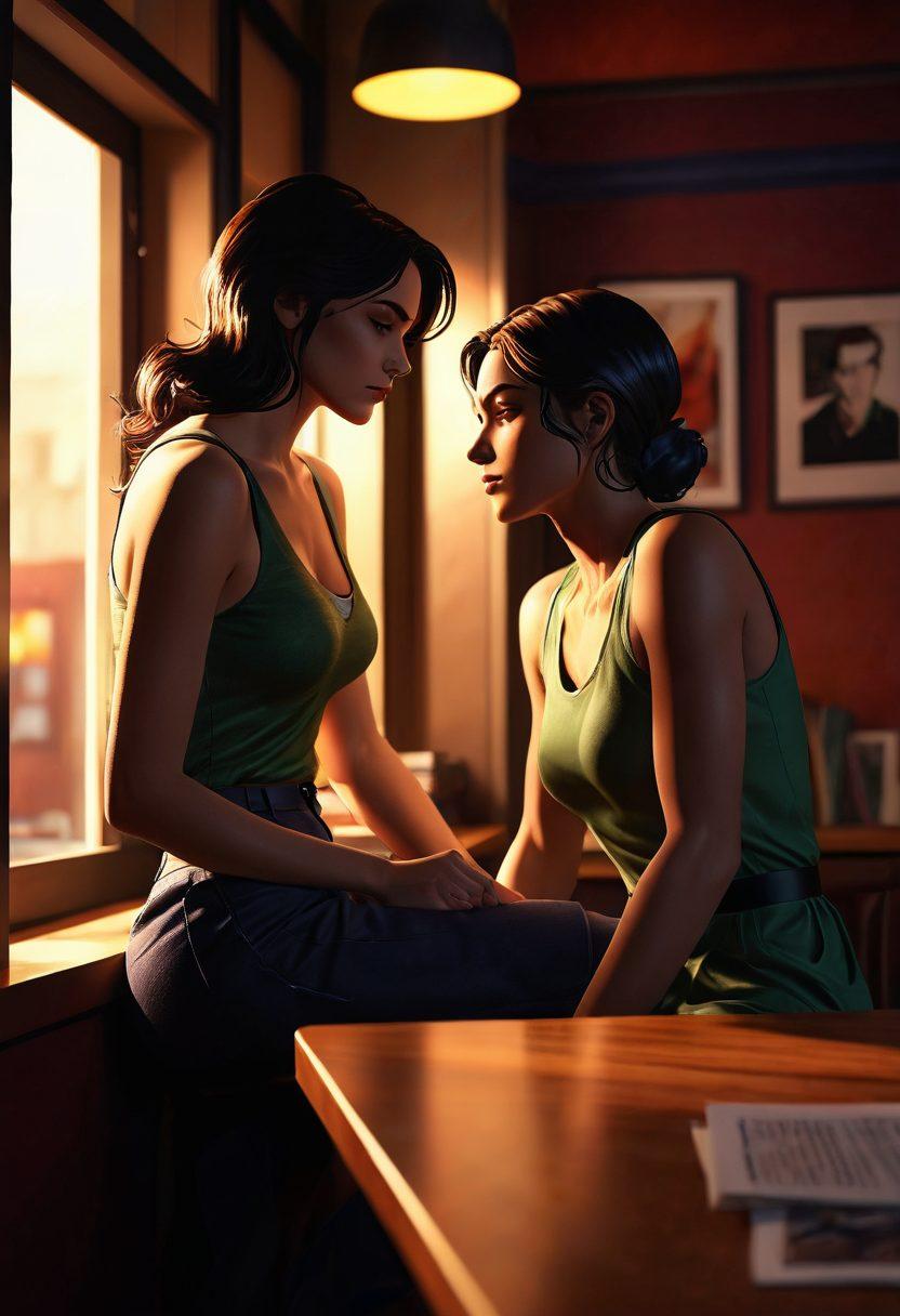 A highly detailed 3D-rendered graphic novel scene, showcasing mature, intimate themes with a focus on shadows and textures. The characters should look realistic yet stylistically artistic, capturing raw emotion and depth. Background elements should be suggestive of a personal, intimate space, with rich, warm lighting enhancing the sensual atmosphere. super-realistic. vibrant colors. 3D.